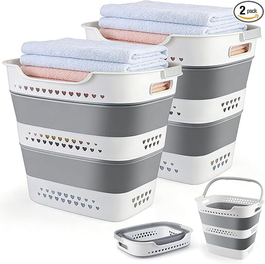 Collapsible Laundry Baskets Foldable Pop Up Laundry Hamper Plastic with Comfort Handles Folding Laundry Basket Space Saving Portable Dirty Clothes Hamper Storage Container/Organizer (Grey, 2 Packs)