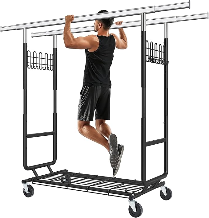 Gewudraw Heavy Duty Clothes Rack Load 900 Lbs, Commercial Double Rod Rolling Clothing Rack With Sturdy Wheel And Shelves，Adjustable Portable Hanging Rack For Clothes,Black