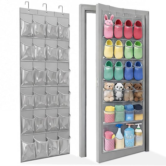 Over The Door Shoe Organizer - Space Saving Shoe Rack for Closet Door with 24 Crystal Clear Pockets and Metal Hooks, Shoe Holder Back of Door Organizers for Shoes, Gray Hanging Shoe Organizer (Gray)