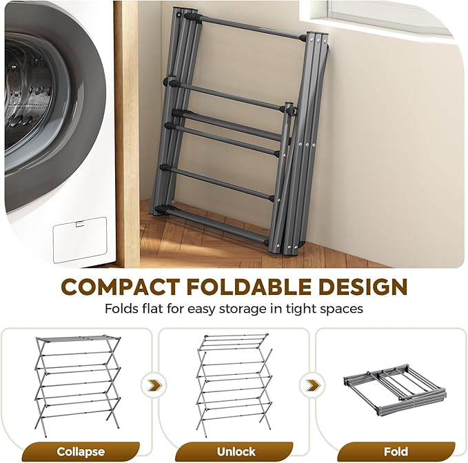 KINGBOARD Clothes Drying Rack, Collapsible Drying Rack Clothing with 11 Poles, 3-Tier Laundry Drying Rack, Small Clothes Drying Rack Foldable for Baby Clothes Sock Towel, 25lb Capacity, Grey