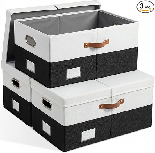 PRANDOM Storage Bins with Lids [3-Pack] Linen Fabric Foldable Storage Boxes Organizer Containers Baskets Cube with Cover for Bedroom Closet Office Grey&Black (23.4X15.9X11.4)