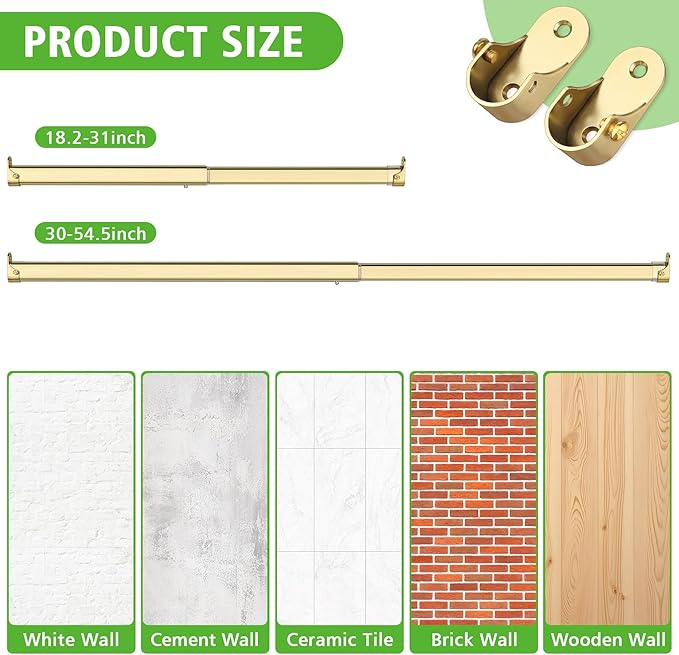 Oval Closet Rod for Hanging Clothes 18.2 to 31 Inch, Includes End Supports, Adjustable Wardrobe Tube, Heavy Duty Extendable Closet Pole, Carbon Steel, Gold