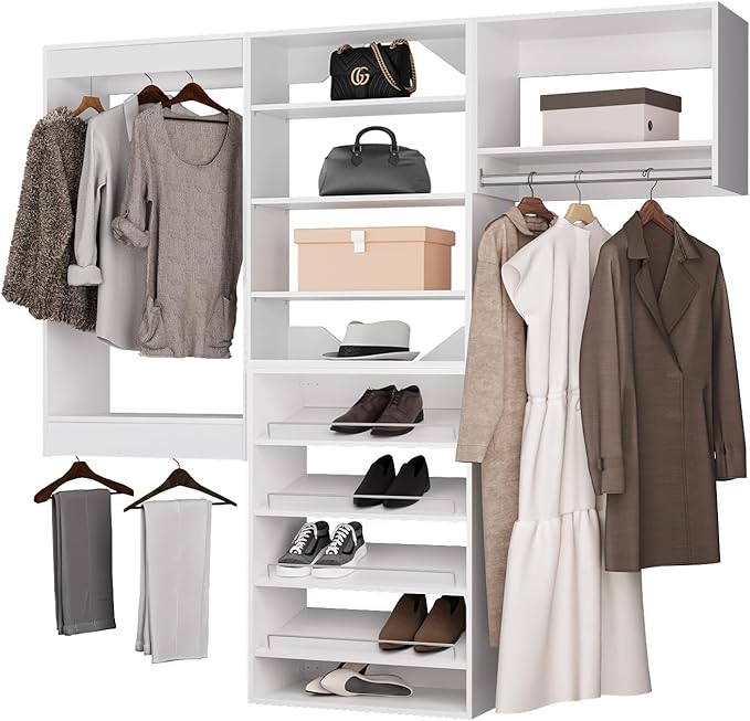 ROOMTEC Modular Closet System, 78" Wall Mounted Modern Closet Organizer with Hanging Rods and Shoe Shelf, Wooden Tower for Walk-In Closets, Wardrobe Storage Kit, White