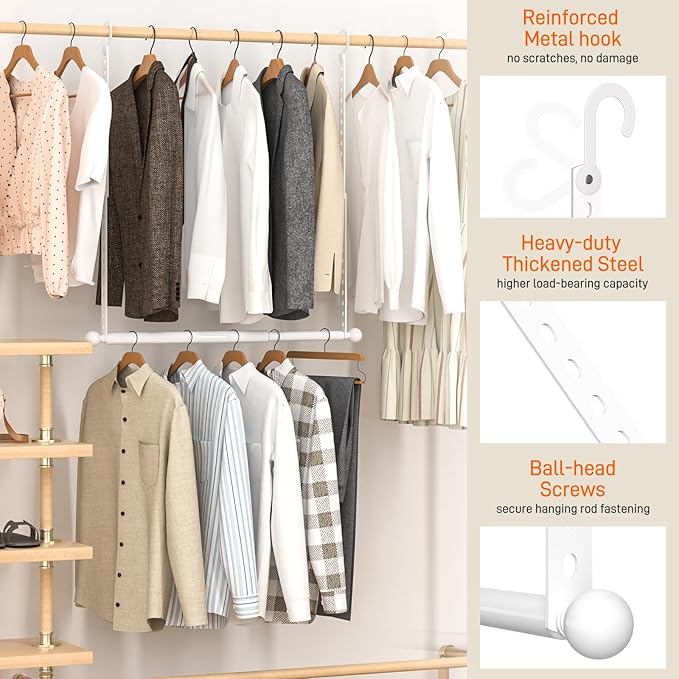 SUTINE Closet Rods for Hanging Clothes, Adjustable Metal Closet Extender Hanging Rod, Space-Saving Closet Rod Extender Clothes Hanging Bar, Closet Poles for Hanging Clothes (White, 15.7-31.5 IN)