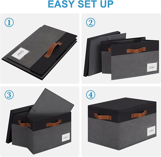 Extra Large Storage Bins with Lids, Foldable Fabric Storage Baskets with Lids, Sturdy Storage Boxes with Labels and 3 PU Handles for Closet Home Bedroom Office (32L, 3 Packs, Grey&Black)