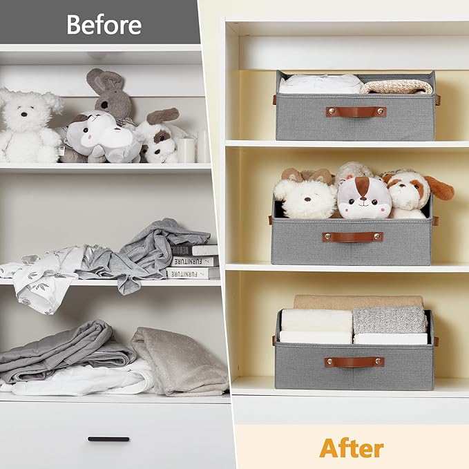 Bagnizer Closet Organizers and Storage, Linen Trapezoid Storage Bins with Handles, Collapsible Shelf Organizer for Blanket, Towel, Clothes, Hats, Purse (Gray)