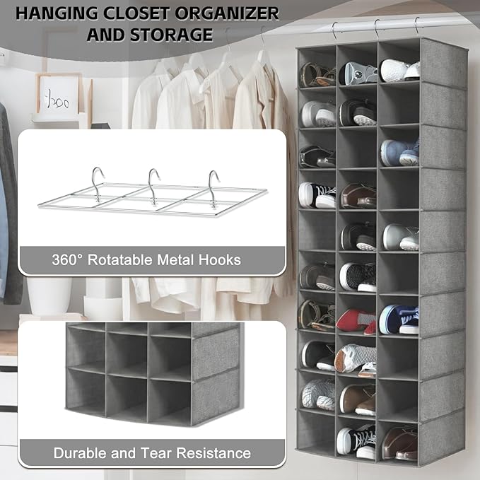 coastal rose Hanging Shoe Organizer for Closet, 30 Sections Hanging Closet Organizers and Storage Shelves Space Saving Shoe Rack Holder Hanger, Grey, 17''W×11.5''Dx 48''H