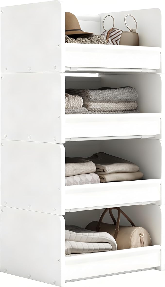 FOUCSSOMEI 4-Tier Stackable Closet Organizer and Storage, Closet Shelves – Heavy-Duty Closet Darwers Wood & Metal, Easy Assembly, Space-Saving,White, Patent Design