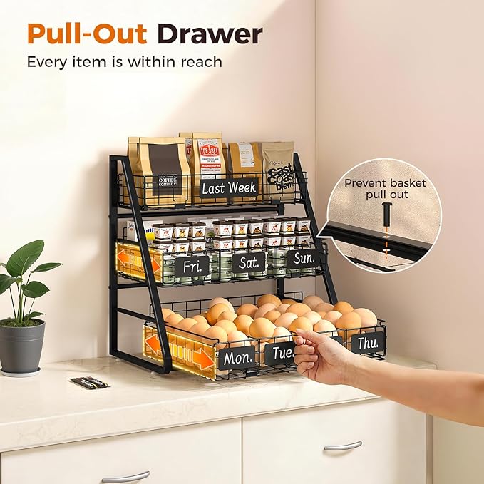Sevenblue Upgraded Egg Holder Countertop with Removable 5 Dividers & Date Plate, 3 Tier Pull Out Large Egg Basket for Gathering Fresh Eggs, Kitchen Organizer, The Size - 16.7“x16.6”x11.3"