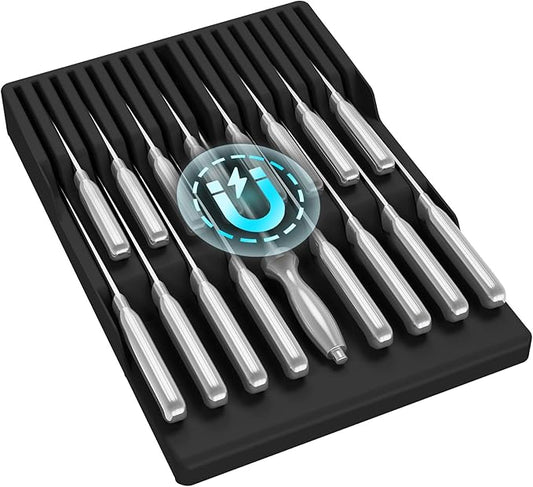 Lifewit Magnetic Drawer Knife Organizers Insert, Kitchen Plastic In Drawer Knife Block Slots, Steak Chefs Knives Holder Storage for 16 Knives and 1 Sharpening Steel, Extra Large, Black, 16.5"/42 cm(W)