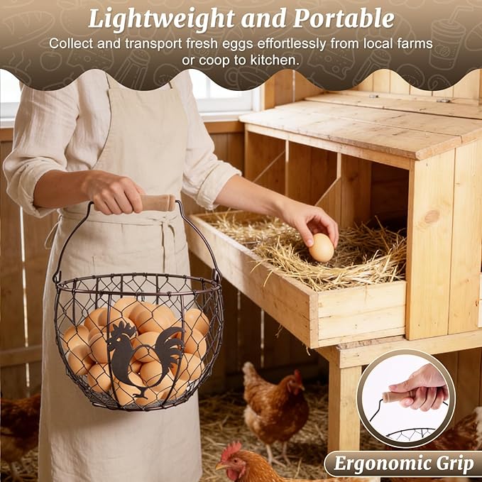 Consevisen Egg Basket for Gathering Fresh Chicken Eggs, 2 Pack, Metal Wire Basket with Wooden Handle, Collecting and Storage Holder for Kitchen Countertop with Vintage Farmhouse Rooster Decor, Round