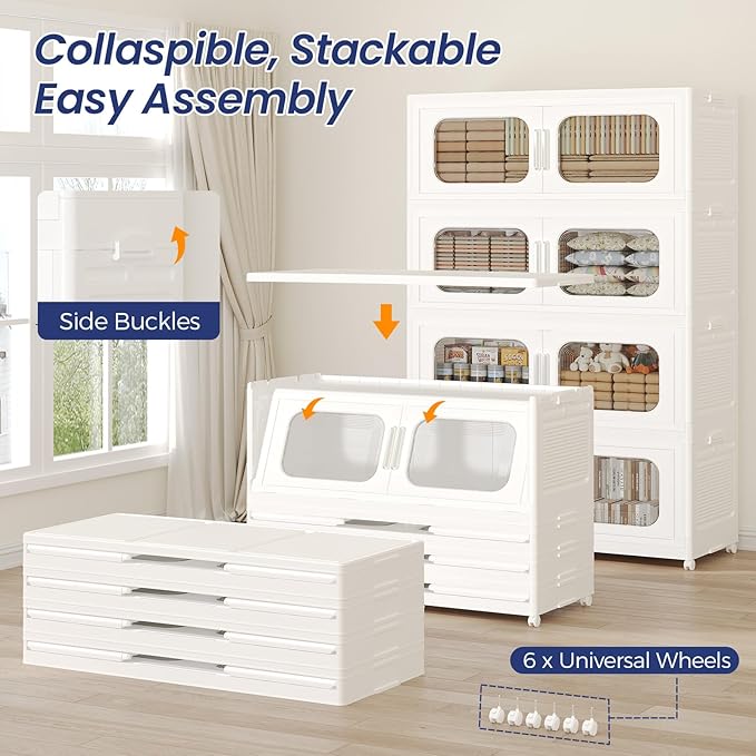 250Gal Extra Large Stackable Storage Bins with Lid & Wheels & Doors, 200QT/50GAL 5-Tiers Collapsible Closet Organizers Plastic Containers Drawers Boxes for Home Kitchen Bedroom, White