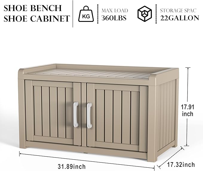 EasyUp Shoe Bench Waterproof,Resin Shoe Cabinet,Outdoor Storage,Industrial Hallway Bench with Adjustable Shelves for Entryway,Living Room,Bedroom(Grey,Double Door)