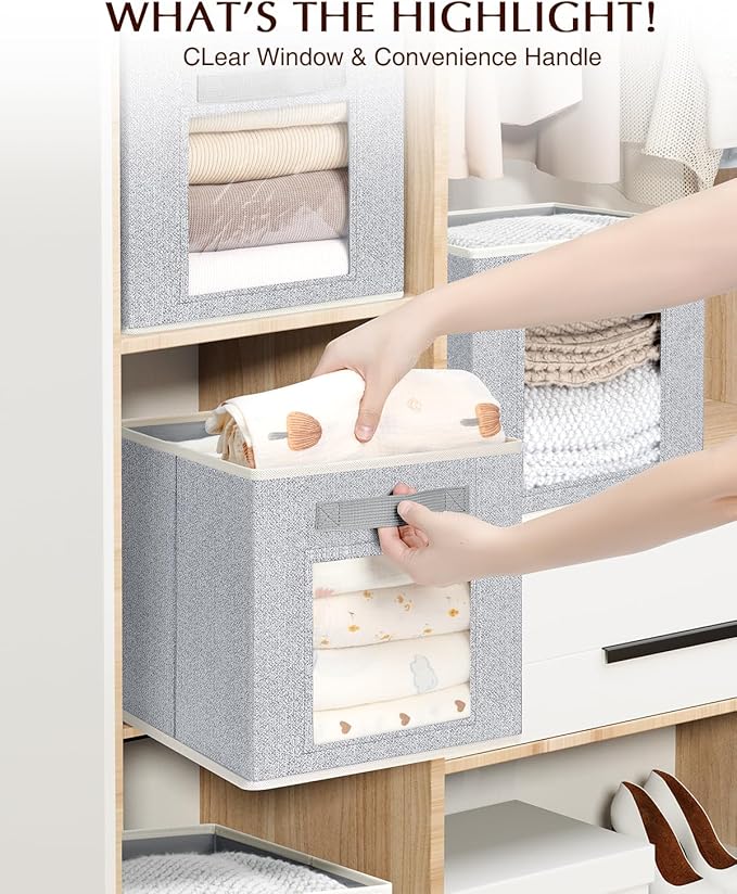 Homsorout Foldable Storage Cubes - Cubby Storage Organizer with Window, Decorative Fabric Bins for Clothes Storage, Closet Organizers for Shelves, 11inch, Set of 8, Light Grey