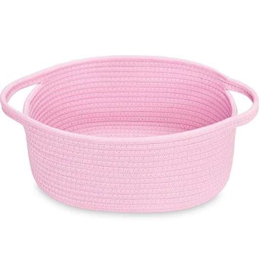 ABenkle Small Basket, 12"x 8" x 5" Cute Small Woven Basket, Rope Room Shelf Storage Basket, Cat Dog Toys Basket Chest Box, Decorative Empty Gift Basket with Handles - All PInk