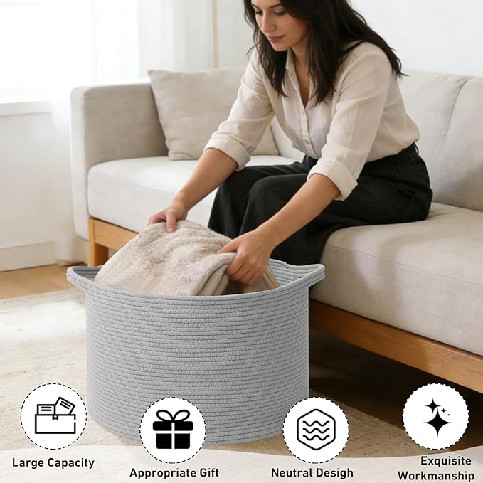 65L Large Blanket Basket,Woven Rope Laundry Basket Hamper with Handles,Decorative Nursery Basket Storage Bin for Toys, Pillows , Clothes Organizer, Living Room, Bedroom, Bathroom, Light Gry