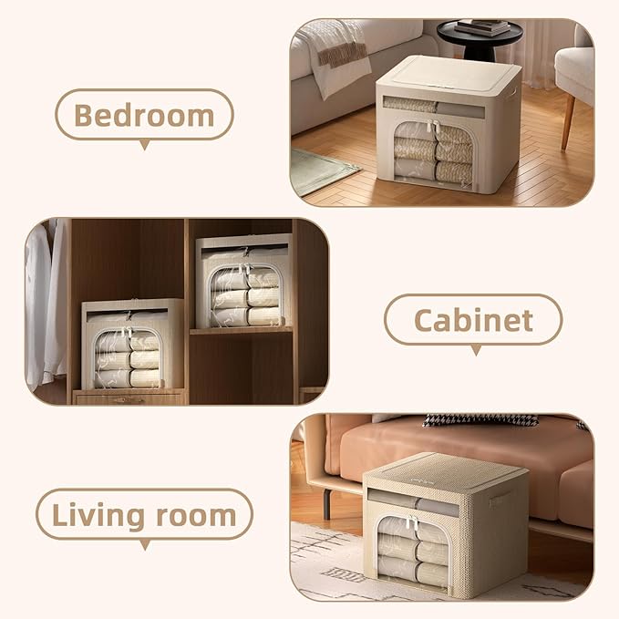 FHSQX 6 Pack Foldable Storage Bins for Clothes Clothes Storage Bins with Metal Frame Stackable Storage Box with Lid (Beige, 19.7x15.7x13.8 inch (70L))