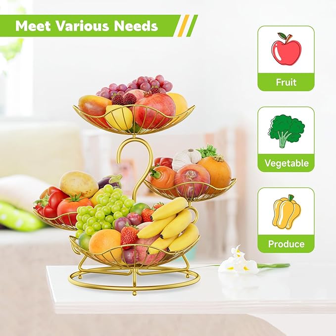 PouHenier.jh 4 Tier Fruit Bowl Basket for Kitchen, Countertop Vegetable Storage Stand, Tiered Metal Produce Organizer Rack Holder for Table Top, Modern Stylish Design with Stable Base and Handle, Gold