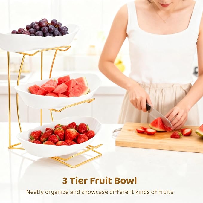 OMISTAR 3 Tier Fruit Bowl for Kitchen Counter, Gold Metal Stand Tiered Fruit Basket, ABS Serving Bowls, 11.2 in Lightweight Luxury Multi-Layer Snack Rack for Home Living Room