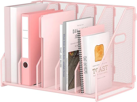 MINDEPOT Desk File Organizer Metal Desk Magazine Folder Holder with 5 Vertical Compartments Rack File Organizer for Office, Home, School (Pink)