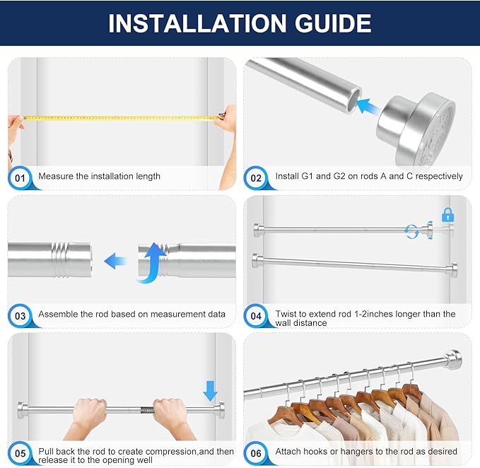 No Drilling Closet Rod, 27.5-82 Inches Hanging Closet Rod for Clothes, Closet Bar & Pole Heavy-duty, Closet Rods for Hanging Clothes For Closet Wardrobes Bathroom Laundry RV Curtains, Nickel