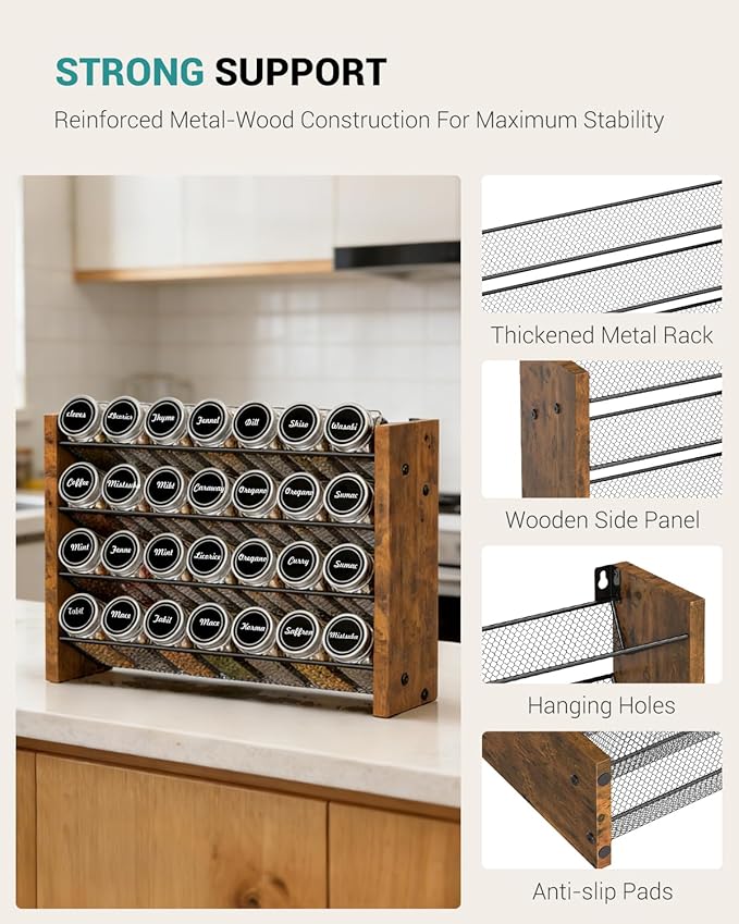 NESAPTO Spice Rack Organizer with 28 Spice Jars, Wooden Vertical Seasoning Organizer with Labels, Chalk Marker and Funnel Set for Cabinet, Kitchen Pantry, Countertop/Wall Mount, 14" W × 9.4" H