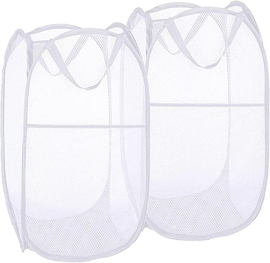 Pack of 2 Pop Up Laundry Hampers, Collapsible Mesh Laundry Baskets, Foldable Clothes Hampers for Bathroom, College Dorm, Travel (White)