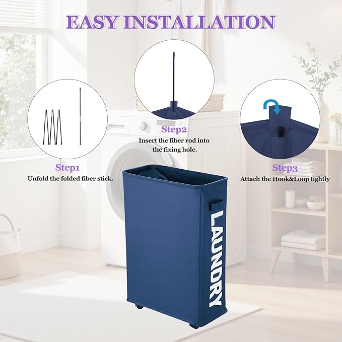 Narrow Laundry Basket with Wheels, 42L Slim Rolling Laundry Hamper with Brake, Collapsible Dirty Clothes Hamper with Mesh Cover & Handle, Storage Bin for Dorm, RV, Small Spaces, Navy Blue
