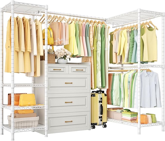 ULIFHOME E10L L-Shaped Clothes Rack for Corner（With Expandable Hanger Rod）Heavy Duty Freestanding Clothing Racks for Hanging Clothes，Portable Garment Rack 58-82"W x 30"D x 72"H，Max Load 900LBS, White