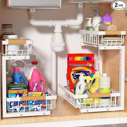 Liuoud Under Sink Organizer 2 Pack, 2 Tier Slide Out Large Capacity Height Adjustable Under Sink Organizers and Storage for Kitchen Bathroom Cabinet, White
