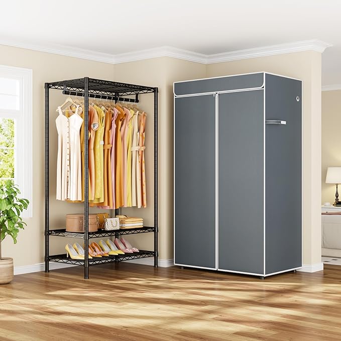 ULIFHOME H5C Clothes Rack with Cover, Portable Closet for Hanging Clothes, Covered Clothing Racks Heavy Duty, Freestanding Garment Racks with Shelves, Max Load 360LBS Black Closet Rack with Gray Cover