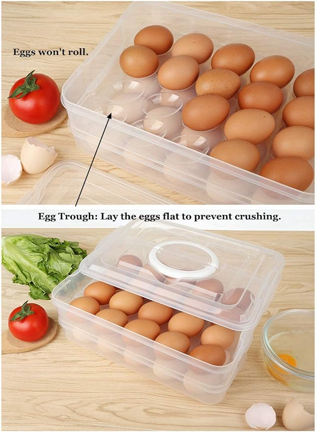 Deviled Egg Tray with Lid, 2-Layer, Stackable Egg Carrier Holder for Refrigerator, Camping Food Storage Container with Handle, Large, 40 eggs (red)