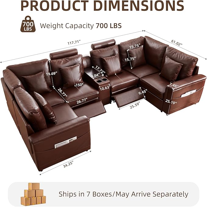 LEVNARY 6-Seat U Shaped Modular Sectional Sofa with Power Recliners, Upholstered Faux Leather Couch Storage Console with Charging Ports & Cup Holders, Living Room Couch Set for Home Office (Brown)