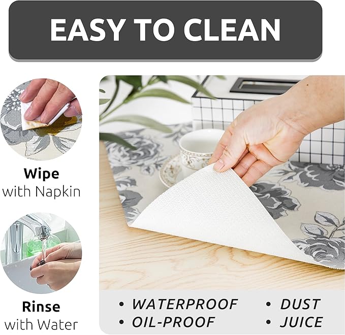 18X96 Inch Shelf Liner for Kitchen Cabinets, PVC Drawer Liner for Dresser Non-Slip Bathroom, Non-Adhesive Cabinet Liner Washable (Black Flower)(1 Roll)