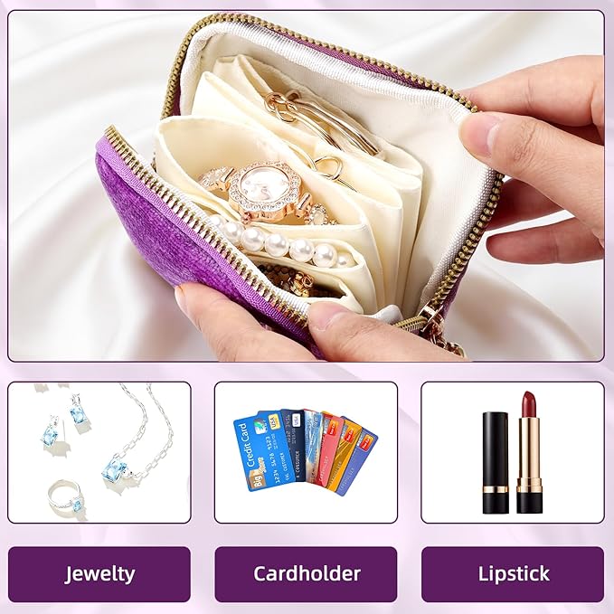 Travel Jewelry Case Small Soft Velvet Organizer Pouch Travel Gifts for Women Storage Bags Mini Jewelry Bag for Gemstones Bracelets Healing Crystal Earring Necklaces Small Pouch Bag Purple
