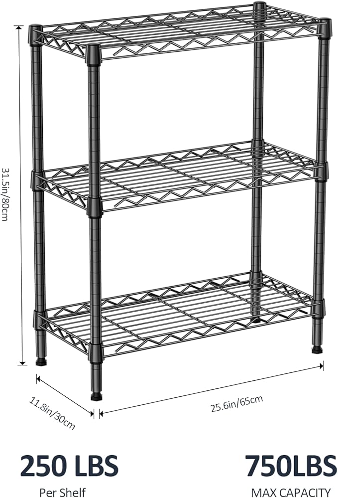 IZEUK 3-Tier Small Storage Shelf Wire Shelving Unit Metal Shelf Adjustable Organizers Storage Shelving for Bathroom Laundry Room Kitchen Pantry, 750 lbs Capacity, Black, 11.8" D x 25.6" W x 31.5" H