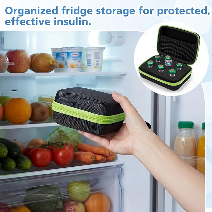 Teenyyou 6 Slots Insulin Peptide Fridge Carrying Case Vial Holder Storage Protector Bag, Fits Standard 10ml Vials, Insulin Cooler Travel Kits Case Diabetes Protector(Black, Green Zipper)