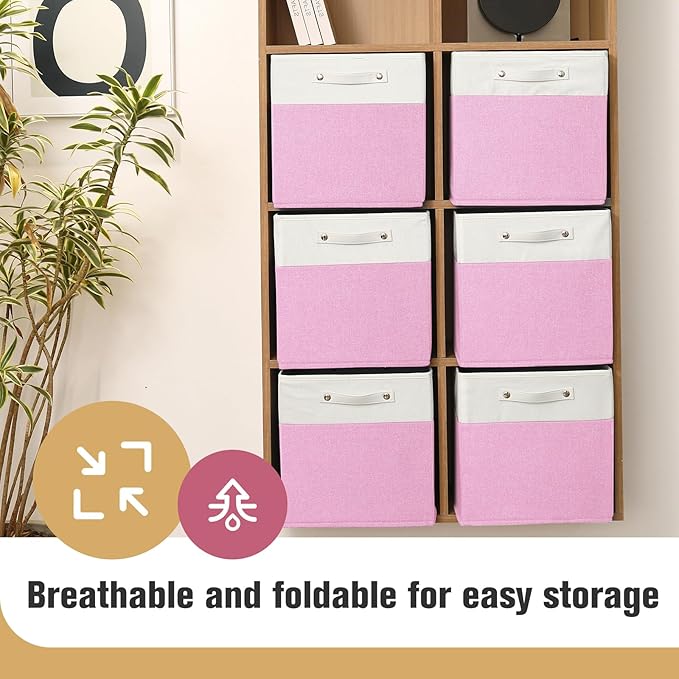 FinishingBo 13 x 13 Inch Fine Linen Storage Bins with Handles，Fabric Cube Boxs，Basket Organizers for Shelves for Home, Closet Drawers (White/Pink-6 Pack)