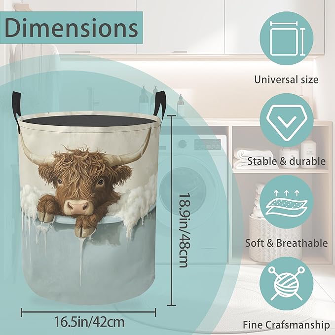 Highland Cow Bathing Round Laundry Hamper Storage Basket Toys Clothes Organizer Bin For Home Bathroom Bedroom Dorm Nursery