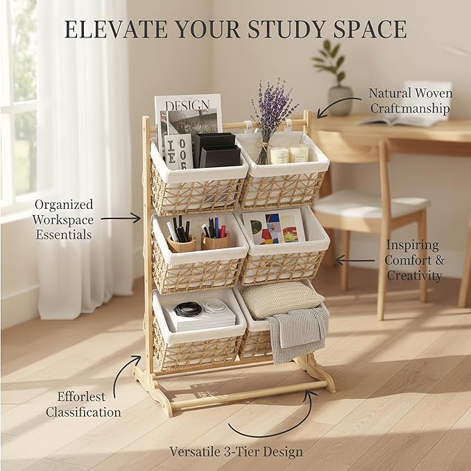 Large Capacity 3-Tier Storage wicker Shelf,Stackable multi-story storage baskets Laundry Hamper & Organizer for Kids' Toys Clothes and Snacks,Multipurpose Rattan Corner Rack for Kitchen Office Garage