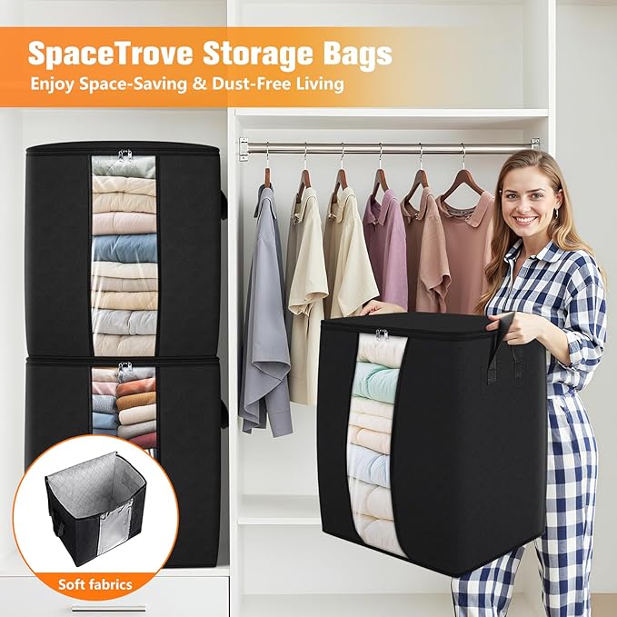 SpaceTrove Clothes Storage Bags, 10-Pack Comforter Blanket Organizers, 80L Large Capacity Containers with Visual Window for Clothing, Quilt, Sheet, Pillow, Closet Organization for Bedding (Black)