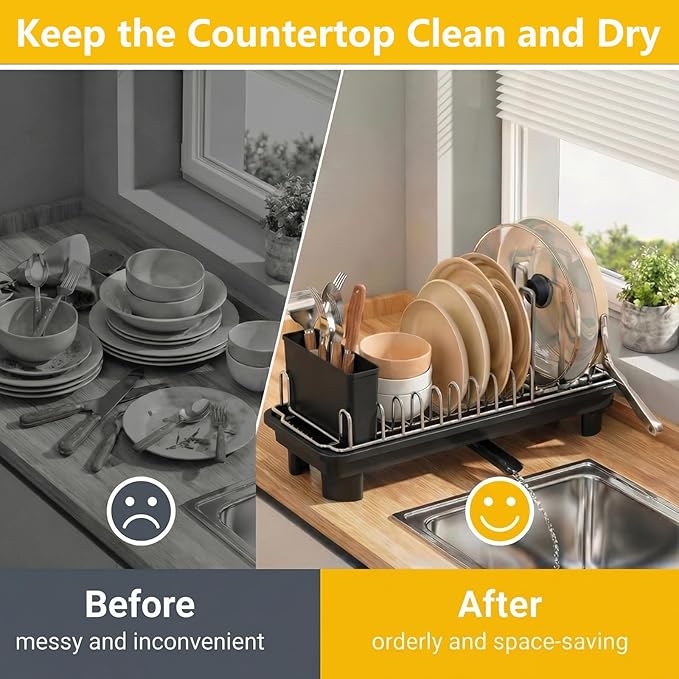 Small Dish Drying Rack,Compact Dish Rack for Kitchen Counter with 360° Rotating Drain Spout and Utensil Holder,Stainless Steel Countertop Dish Drainer for Sink,Space-Saving Design for Small Kitchen