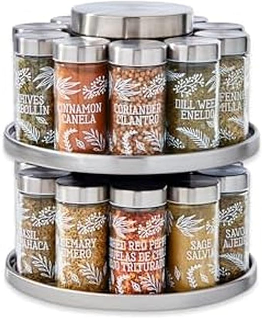 Kamenstein 20 Jar Revolving Spice Rack with Integrated Tool Caddy, Brushed Stainless Steel with Stainless Steel Caps