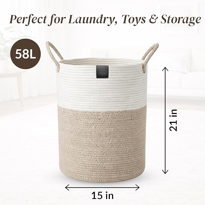 Laundry Basket 58L, Large Laundry Hamper for Dirty Clothes, woven baskets for storage Bedroom, Bathroom & Nursery, Sturdy Laundry Bin for Blanket Storage, Kids Clothes Hamper