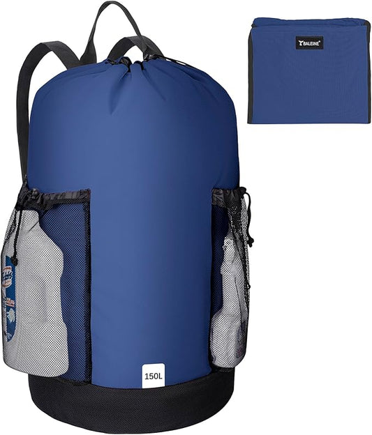 BALEINE 150L Laundry Bag Backpack, 900D Oxford Fabric Large Travel Laundry Bags with Shoulder Straps and 2 Mesh Pockets for College Dorm, Apartment, Laundromat (Navy, 150L)