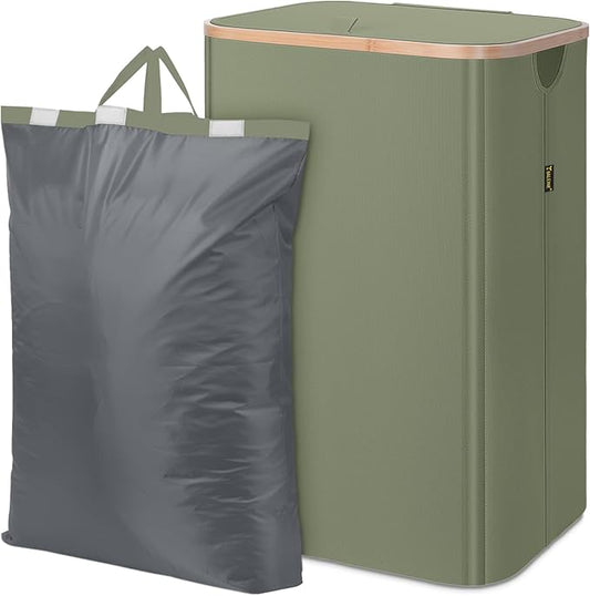 BALEINE Laundry Hamper with Lid, Tall Laundry Baskets with Bamboo Pull Handles, Large Laundry Bin with Internal Support (18 Gal/70L, Green)