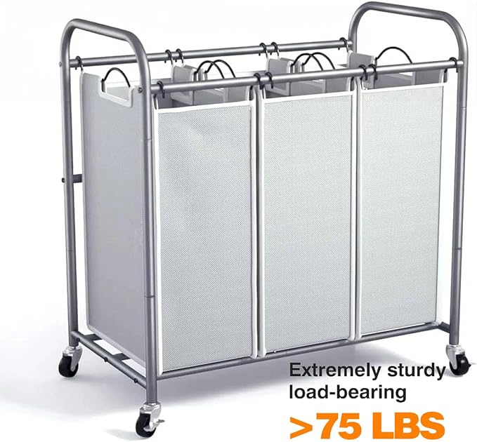 ROMOON Laundry Sorter Hamper 3 Section, Divided Laundry Basket Organizer with Heavy Duty Lockable Wheels and Removable Bags, Rolling Clothes Hamper for Apartment, Dorm & Family (130L Neutral Gray)