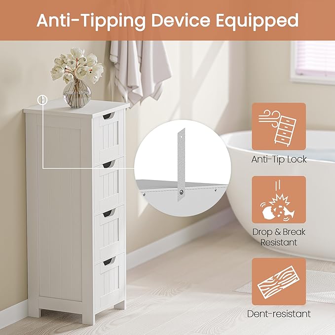 SUPER DEAL Small Bathroom Storage Cabinet with 4 Drawers, Freestanding Narrow Wooden Side Storage Organizer for Bathroom Hallway Living Room, White
