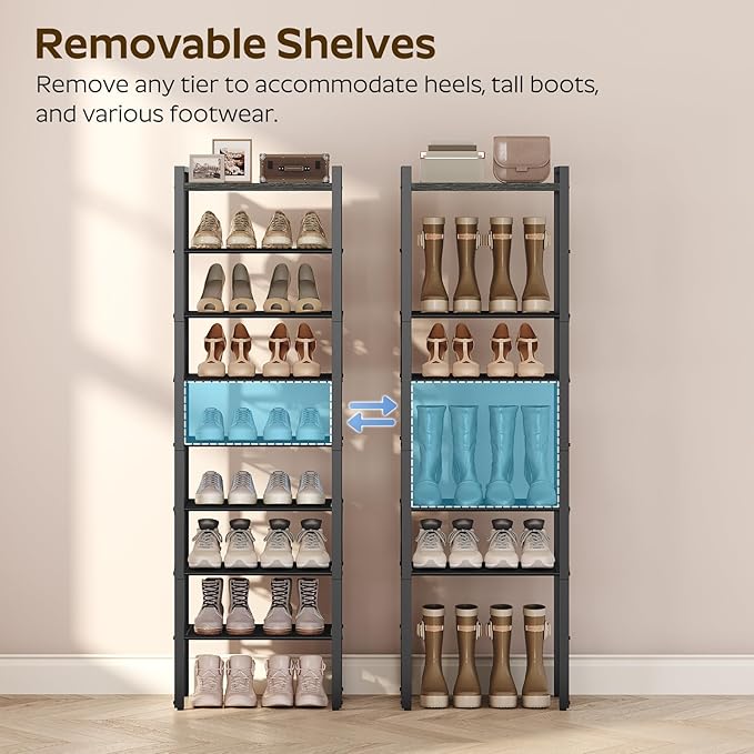YATINEY 8-Tier Narrow Shoe Rack, Tall Shoe Rack for 8-16 Pairs, Slim Shoe Storage Organizer with Wooden Top, Space Saving, Metal Frame, for Entryway, Charcoal and Black SS608BC
