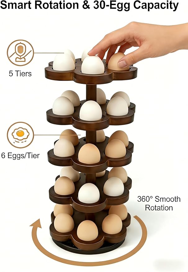 Wooden Egg Holder Countertop 360° Rotating, Egg Rack for 30 Eggs, Spiral Egg Storage Organizer for Kitchen Counter, Farmhouse Fresh Chicken Egg Dispenser for Home, Family ,easter egg.(Brown)